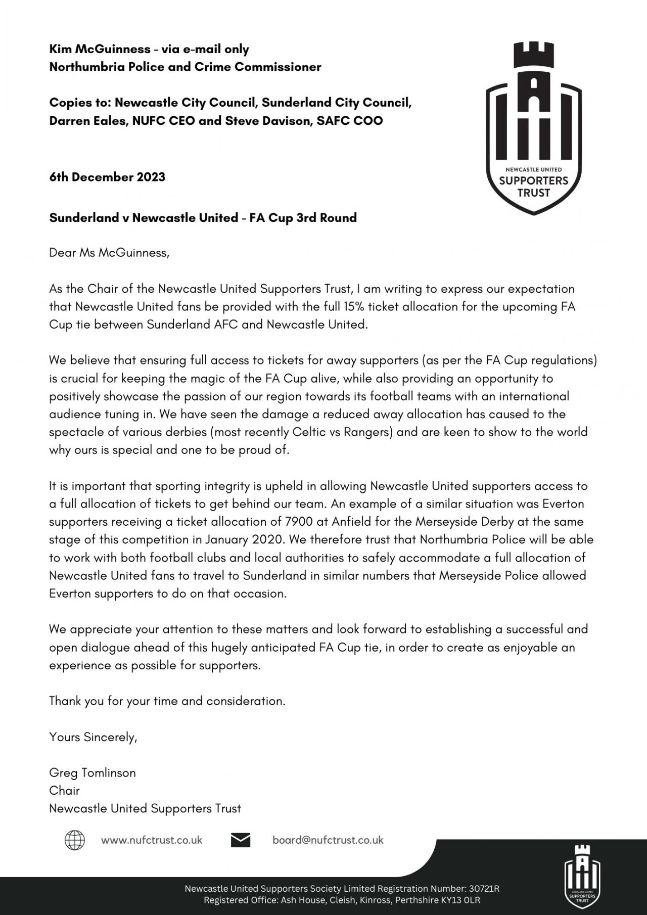 safc cup tie letter to km