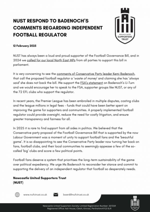 response to bedenoch comments re football regulator